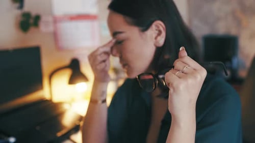 Business woman, headache and stress in home office of copywriting crisis