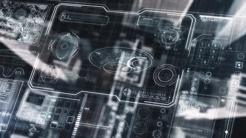 Futuristic Headup Display Showing Data Analysis Overlooking City Buildings