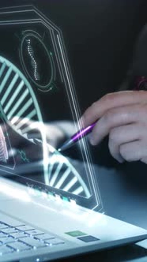 A Man Works with a Virtual Panel with the DNA Structure