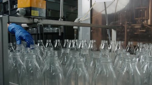 Factory worker arranging empty glass bottles on conveyor belt