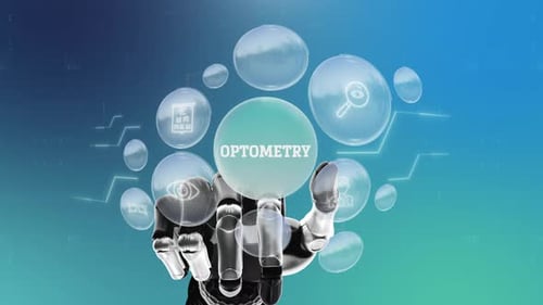 Robotic Hand Interacting with Futuristic Optometry Medical Icons