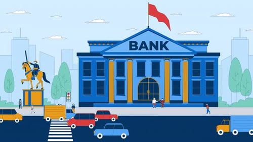 Edificio del banco de la ciudad con personas y tráfico urbano, animación de dibujos animados en 2D
