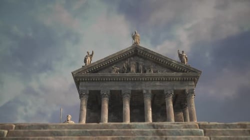 Ancient Temple with Statues Under a Cloudy Sky in a Historical Setting