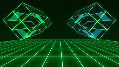 Retro Futuristic Glowing Wireframe Cubes and Grid Background Loop