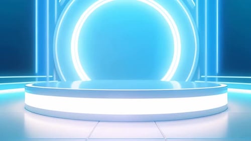 Futuristic Blue Neon Stage with Glowing Podium Background
