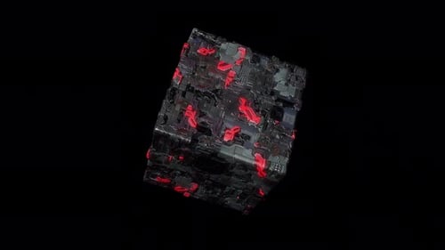 Science-Fiction-Würfelanimation. Animation von Alien-Objekten. Würfel für elektrische Schaltungen. Alpha-Kanal. Loop-Animation