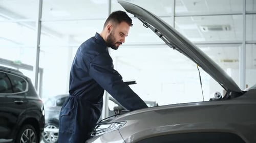 Automotive mechanic running diagnostics software on tablet.