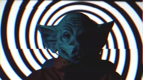 Evil Man with Pig Mask Sitting on Chair with Hypnotic Black Spiral Behind