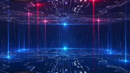 Futuristic Digital Data Grid Light Field Circuit Floor Ceiling Emit Vertical Light Particles