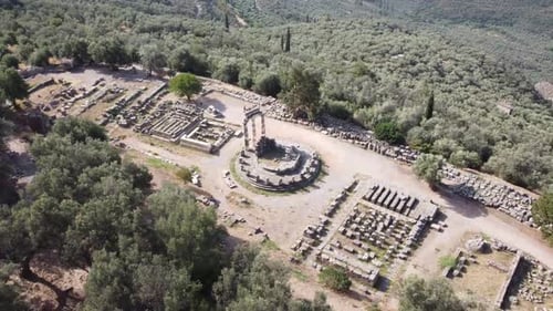 Establishing shot of Delphi Oracle in Greece. Tourist attraction.