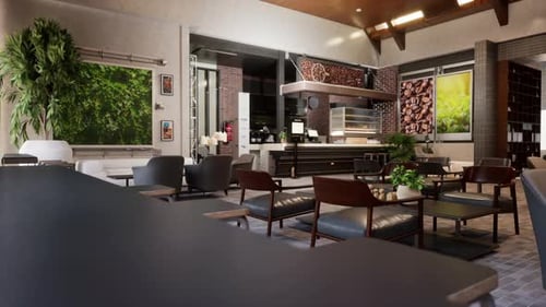 Warm and Modern Cafe Interior with Cozy Armchairs, Green Wall Panel