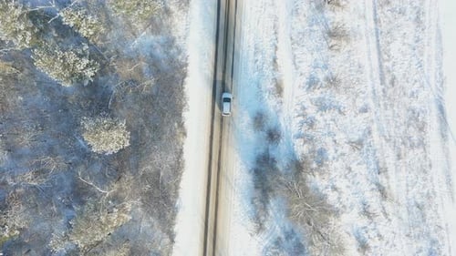 SUV dirigindo em uma bela rota rural na floresta em um dia de inverno