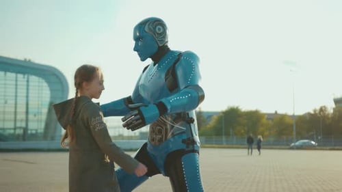 At Sunlight Girl Greets Her Robot Friend Hugging It Future Machine Intelligence Artificial Humanoid