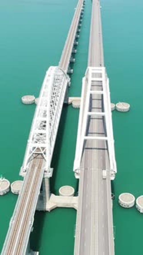 Aerial View of the Crimean Bridge Across the Kerch Strait Shot Amazing Long Bending Bridge Above