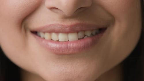 Close Up Female Lips Natural Makeup Lipstick White Healthy Teeth Unrecognizable Woman Girl Lady