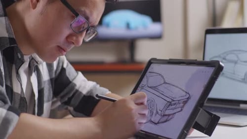 Close Up Of Asian Male Drawing New Car Design Concept On A Tablet In The Studio