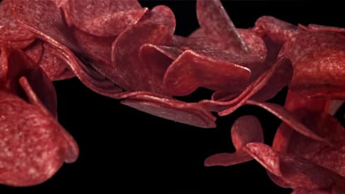 Sliced Salami Flies Up and Falls Down Filmed on a Highspeed Camera at 1000 Fps