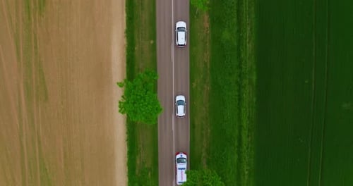 Aerial View Electric Car Driving on Country Road Luxury Modern Vehicle Riding Fast Along Trees and