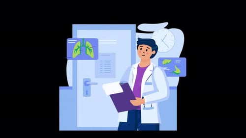 European male doctor in clinic examining health records