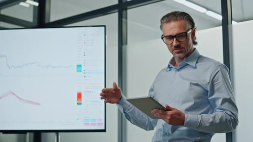 Leader Man Presenting Startup in Office Close Up