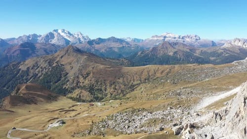 Aerial and panoramic view of Dolomites mountains in the Alps in Italy