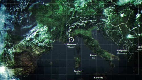 Futuristic Digital Map Zooming to Monaco with Location Data