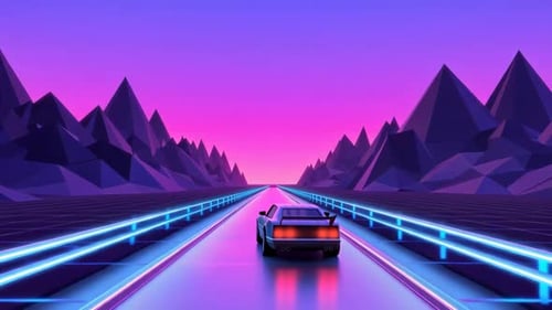 Retro-Synthwave-Autofahren auf dem Neon Highway bei Sonnenuntergang