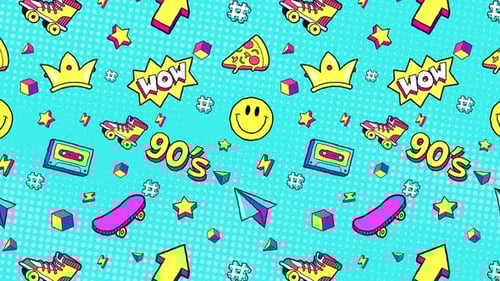 Vibrant Retro 90s Cartoon Elements Animated Seamless Pattern