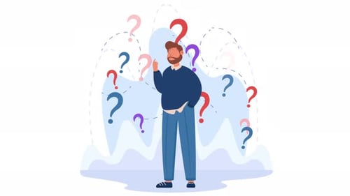 Animated Man Thinking with Floating Question Marks