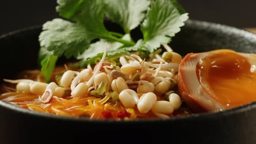 Close Up Footage of Delicious Ramen Noodle Bowl