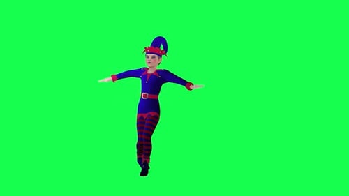 Young cute blue elf dancing salsa left angle on green screen