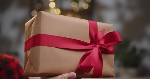 Woman Holding Christmas Gift with Red Ribbon
