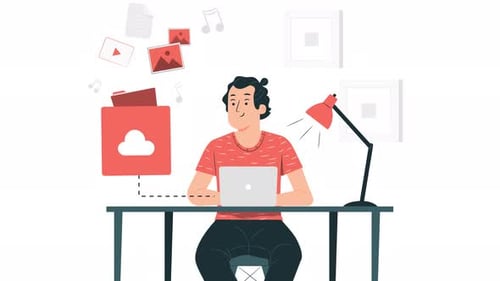 man using computer to save media files, man working in office reviewing 4k animation files