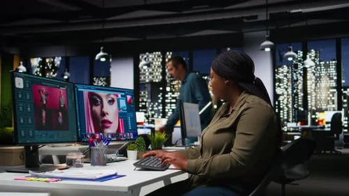 Woman Editor Works on Professional AI Generated Content for Photography Editing