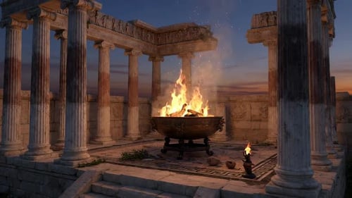 Rendu 3D de l'ancienne façade du Panthéon à moitié en ruine avec des flammes ardentes