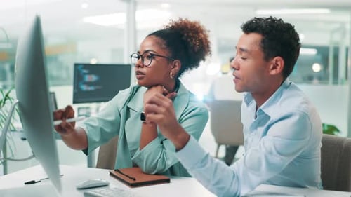 Business people, software developer and writing with computer for UX, UI