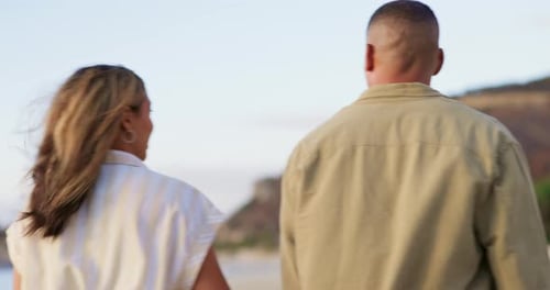 Smile, love or holding hands for couple on beach for romance, bonding and travel