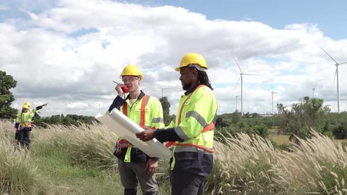 Wind Turbine Worker Engineers discussing Maintains and Controls on blueprint at Wind Turbine field.