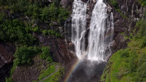 Skjervsfossen Waterfall Between Granvin and Voss in Western Norway Aerial