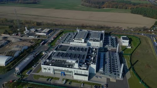 large scale data center, Internet Ai technology Great aerial view flight drone