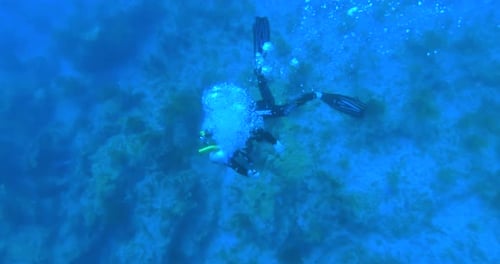 Miami, Florida / United States - September 3, 2018: Slow Motion, Scuba Diver At Bottom Of Ocean W...