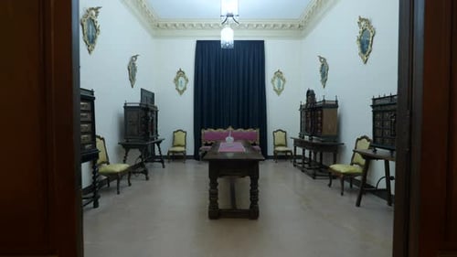 Antique furniture in palace room, dolly forward view
