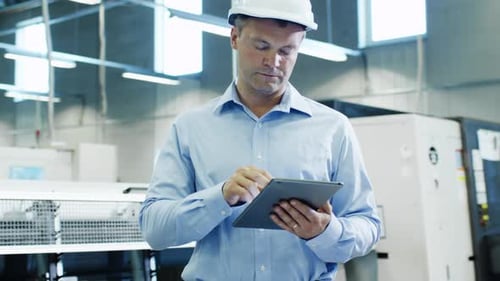 Engineer in Hard Hat is Using Tablet PC on Factory