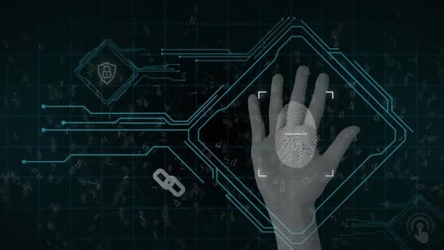 Animation of computer circuit board elements and biometric fingerprint with data processing