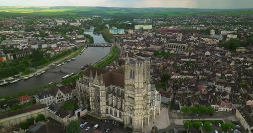 Establishing Shot of the French Center of the Medieval City of Auxerre Which is Separated By the
