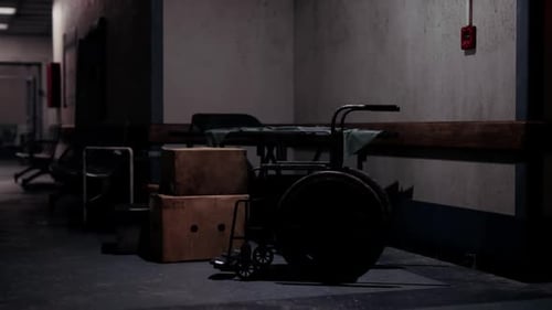 Abandoned Wheelchair and Boxes in a Dimly Lit Hospital Corridor at Night