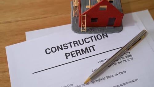 Construction permit papers. Concept of burocracy and due deligence before building a home.