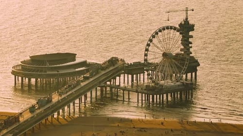 Aerial View of Scheveningen Beach in City Hague Scheveningen Pier and Famous Ferris Wheel Skyview De