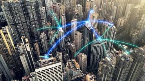 Top view, smart city and connection with network, connect or futuristic with digital software