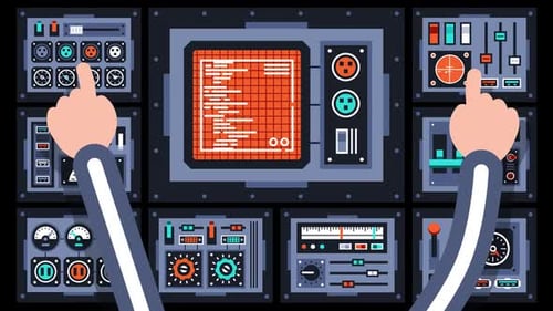 Hands on control panel with many elements